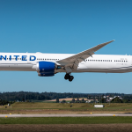 Side closeup of a A United Airlines Boeing 787-10 landing at Zurich Airport.