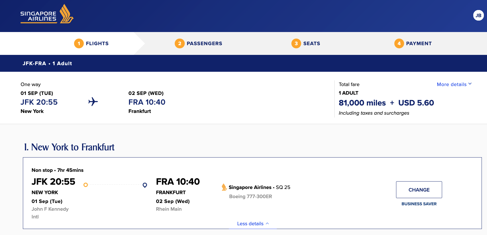 Screenshot of redemption using 81,000 Singapore Airlines miles for a business class ticket from New York to Frankfurt.