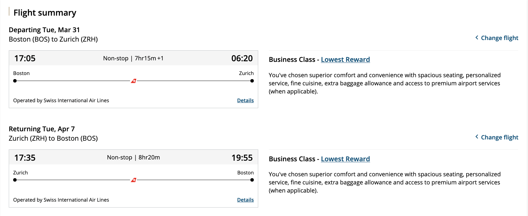 Screenshot of an Aeroplan points award redemption in business class between Boston and Zurich on SWISS.
