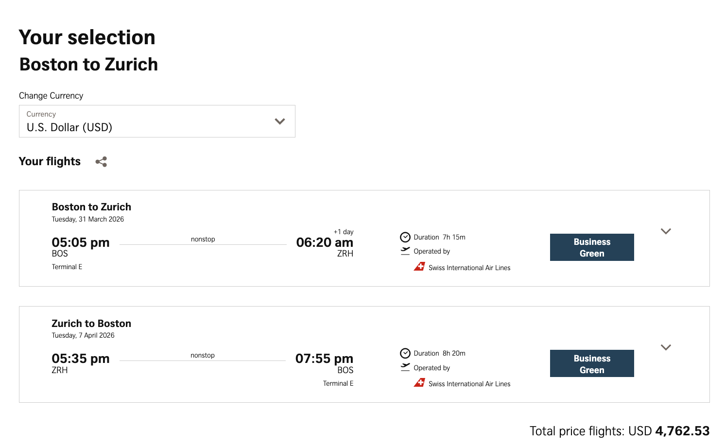 Screenshot of cash price of a business class itinerary on SWISS between Boston and Zurich.