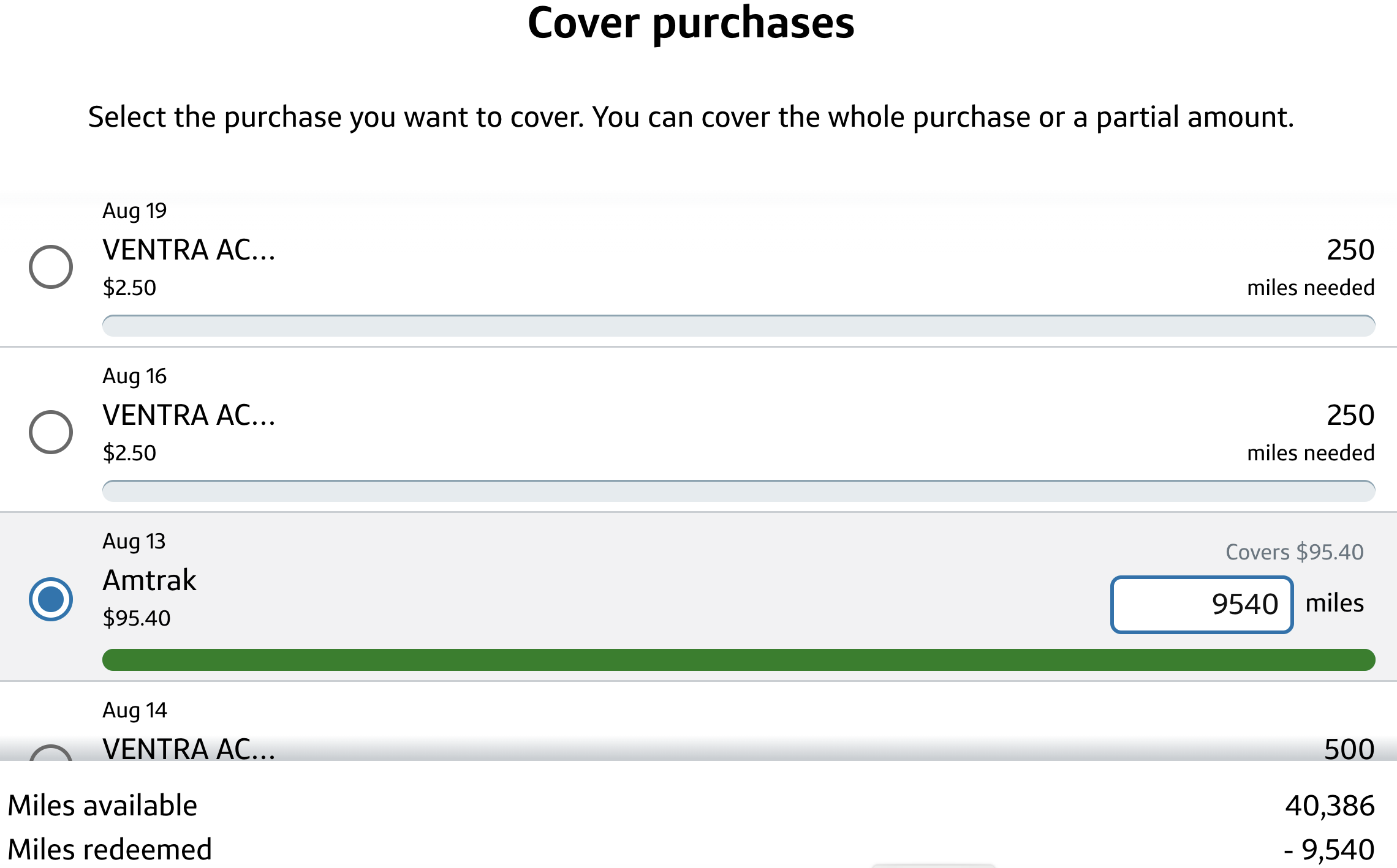 Screenshot of Capital One purchase eraser travel transactions showing miles required to offset each purchase.
