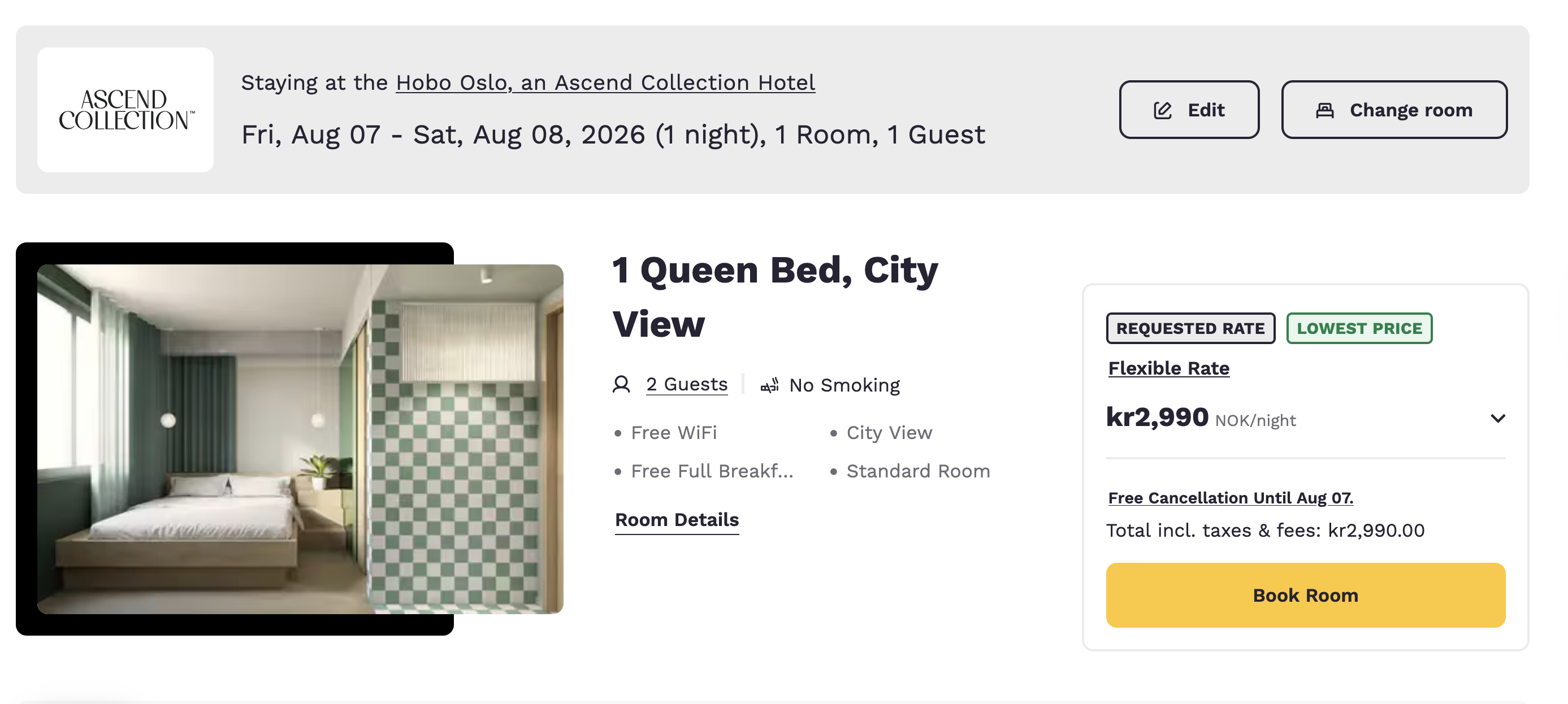 Screenshot of cash price of a night at the Hobo Oslo, an Ascend Collection Hotel.