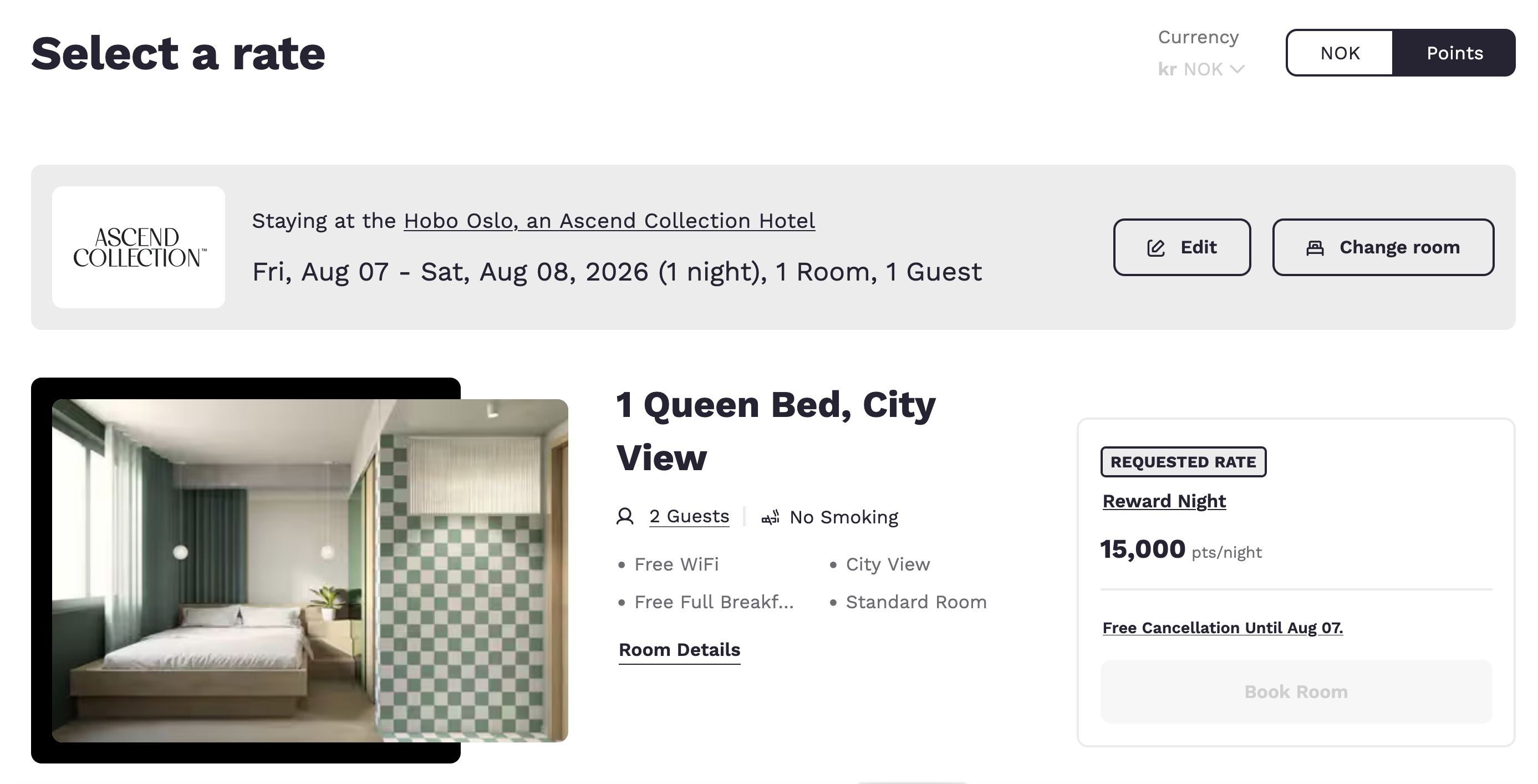 Screenshot of award booking using Choice Privileges points at the Hobo Oslo, Ascend Collection Hotel.