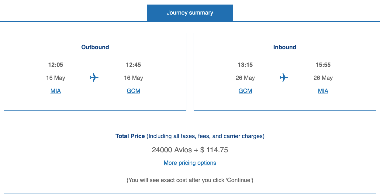 Screenshot of British Airways Avios award booking between Miami and Grand Cayman on American Airlines.