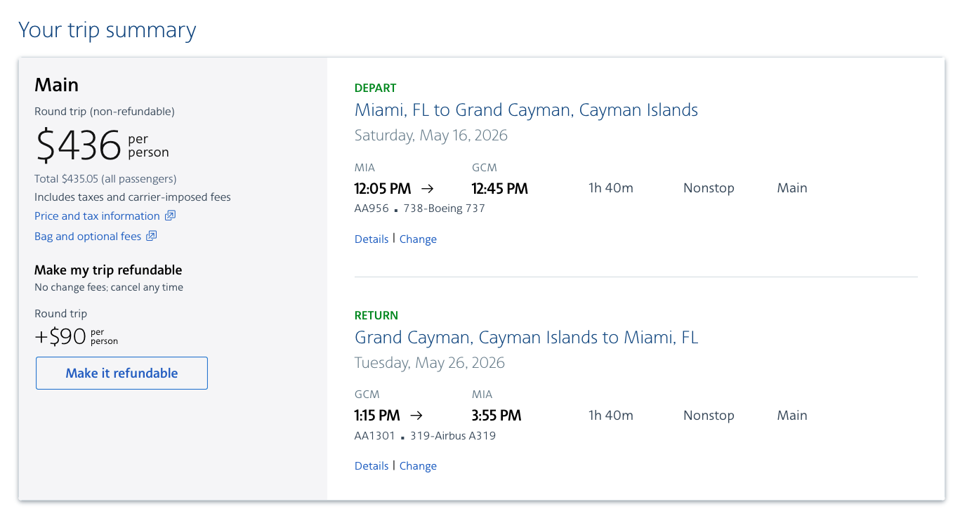 Screenshot of cash price of a round-trip ticket between Miami and Grand Cayman on American Airlines.