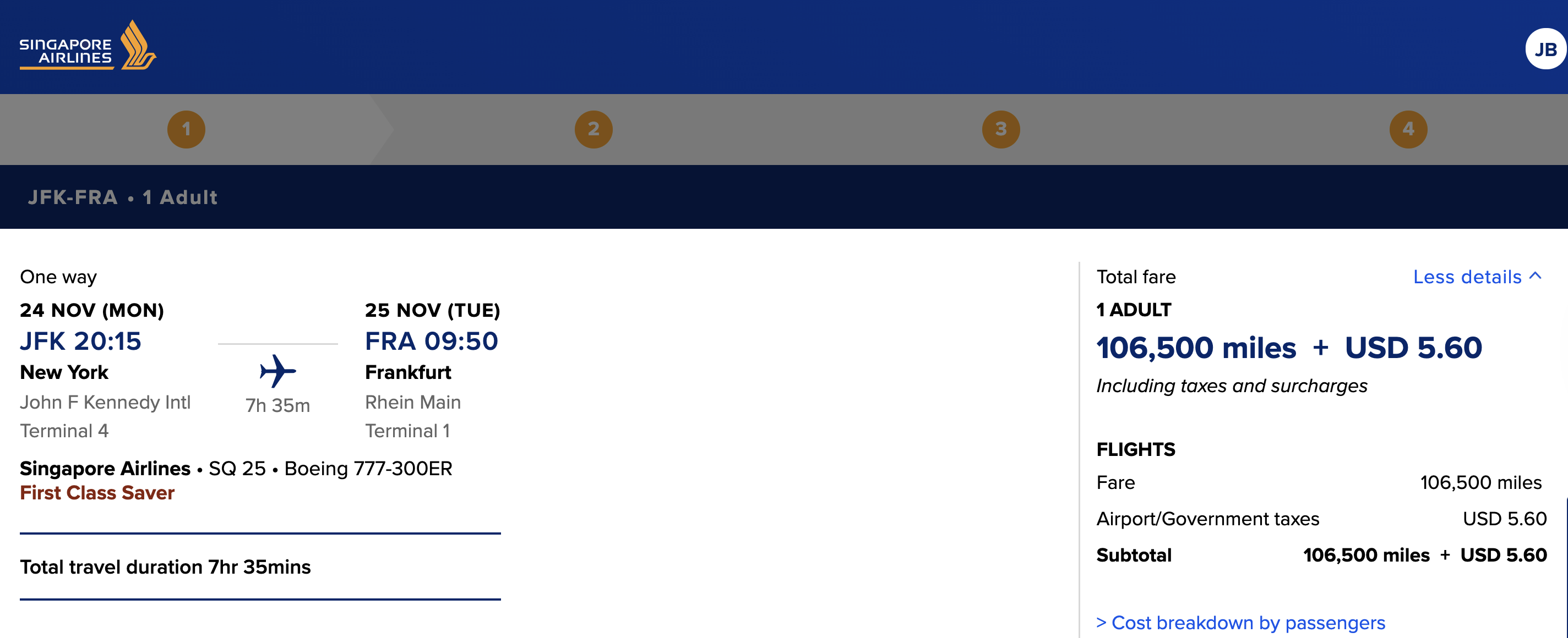 Screenshot of a Singapore Airlines award booking in first class from New York JFK to Frankfurt.