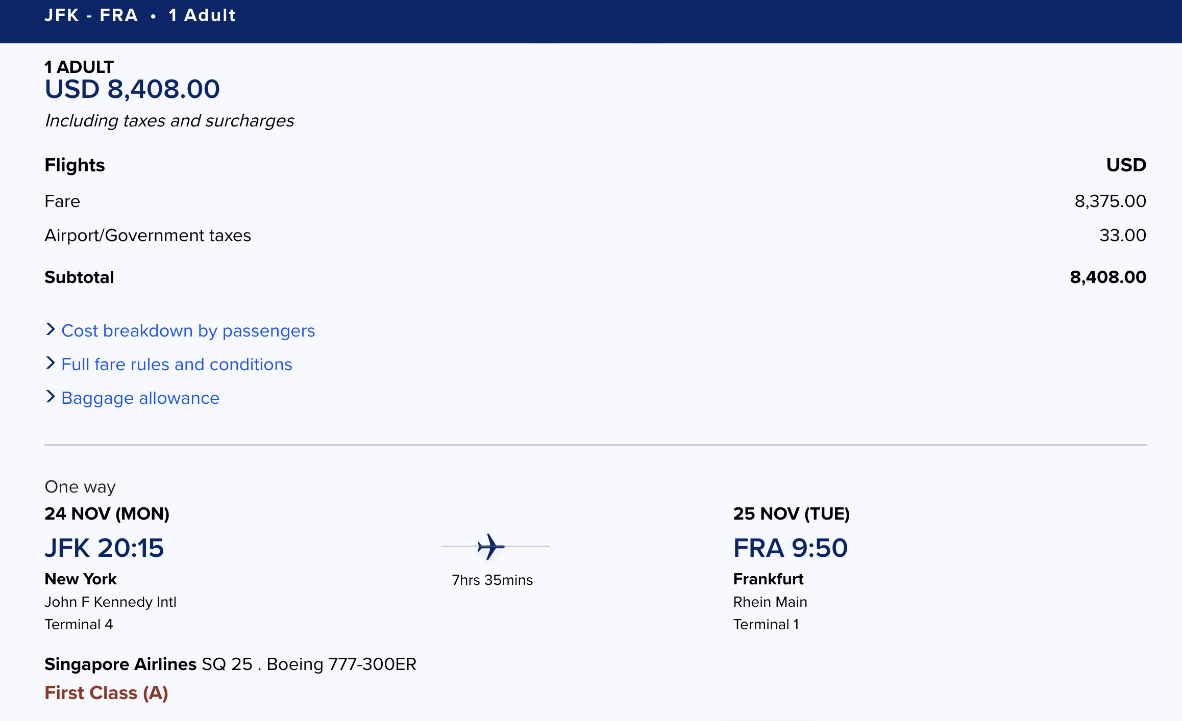 Screenshot of cash price of a first class ticket on Singapore Airlines from New York JFK to Frankfurt.