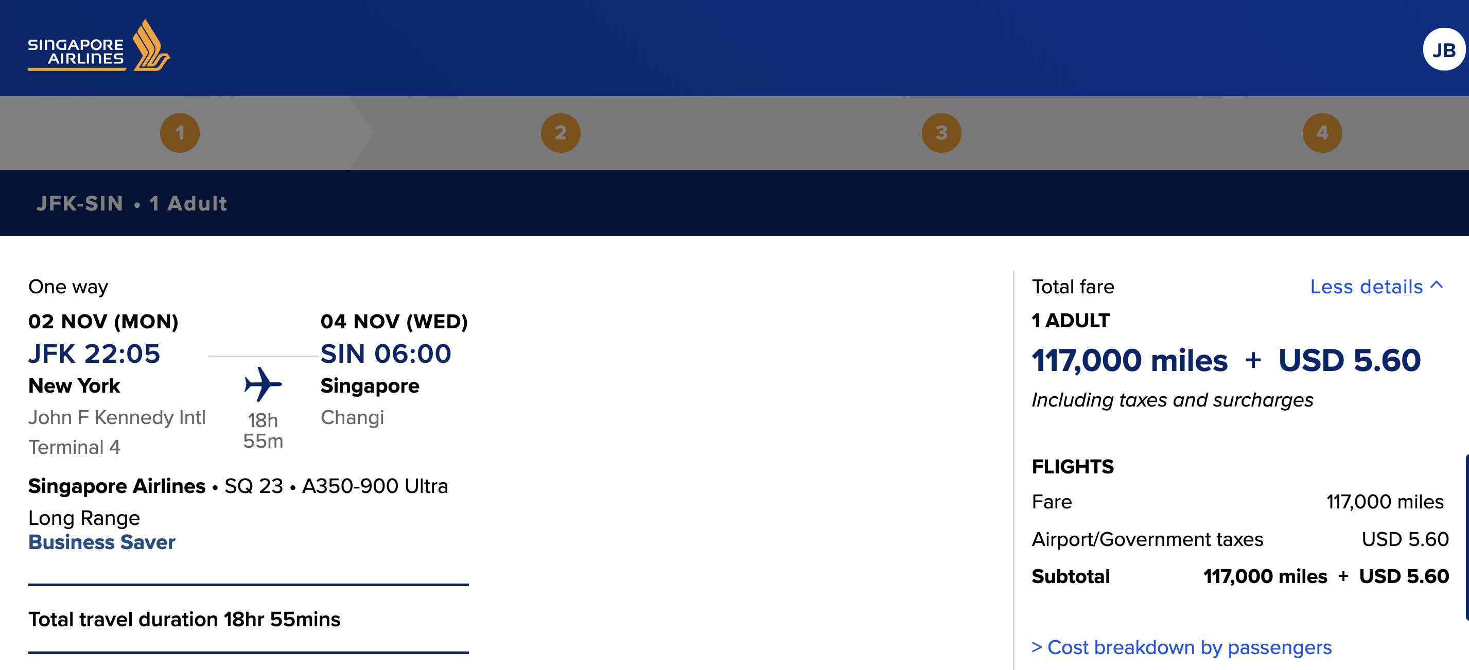 Screenshot of a Singapore Airlines award booking in business class from New York JFK to Singapore.