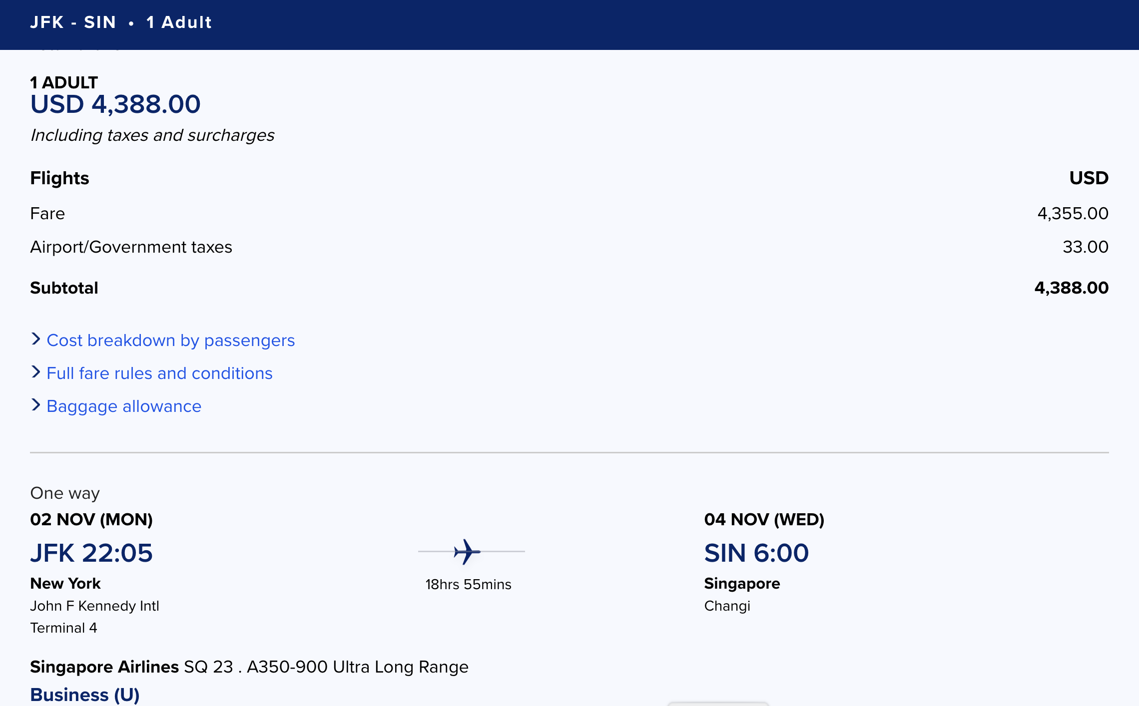 Screenshot of cash price of a business class ticket on Singapore Airlines from New York JFK to Singapore.