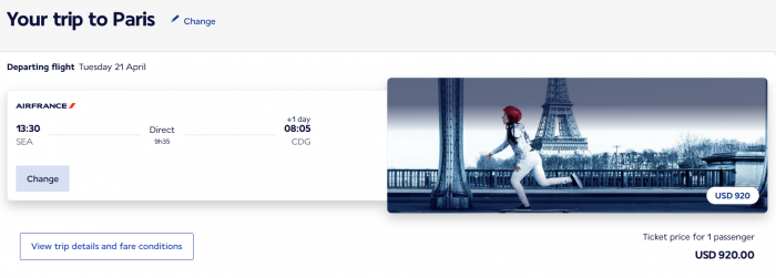 Screenshot of cash price of an Air France flight from Seattle to Paris.