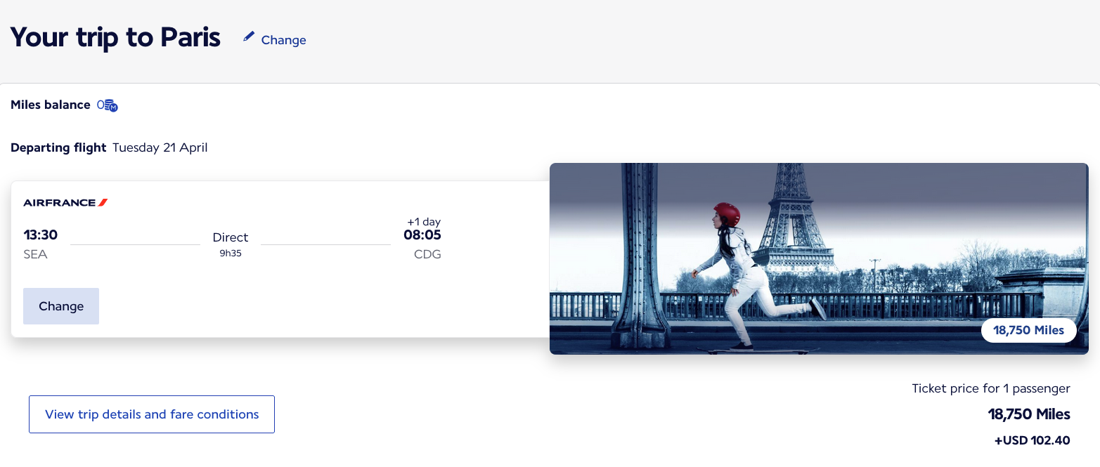 Screenshot of a one-way award booking from Seattle to Paris on Air France using Flying Blue miles.