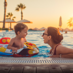 A mom laughs with her young son in a hotel resort pool with palm trees and sunset in the background.