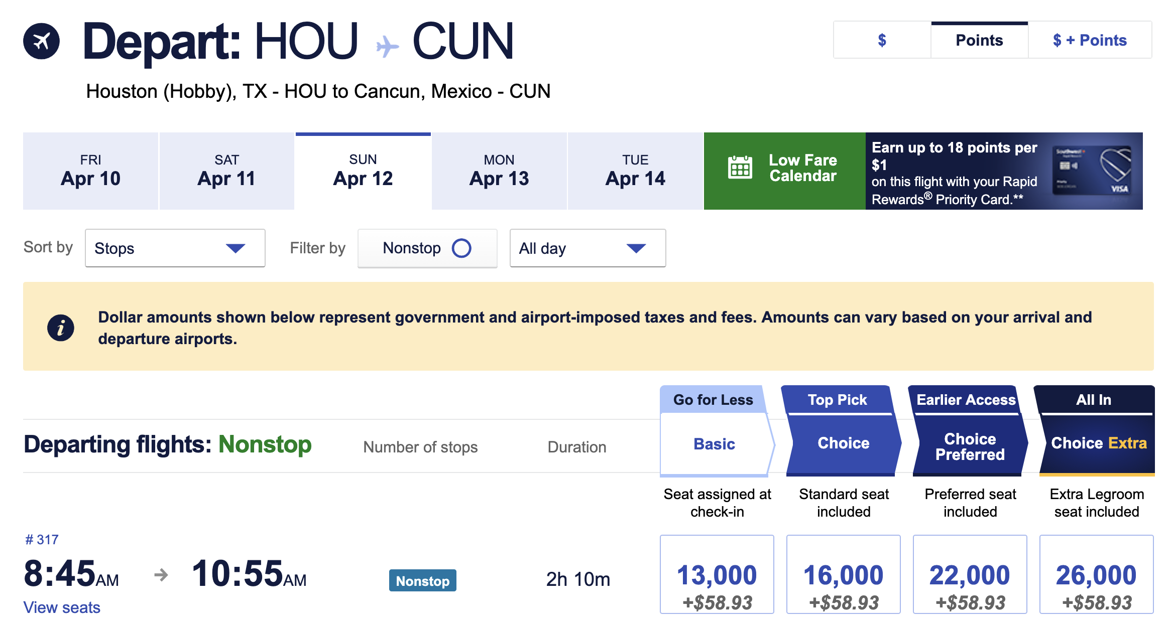 Screenshot of booking using Southwest points between Houston Hobby and Cancun.