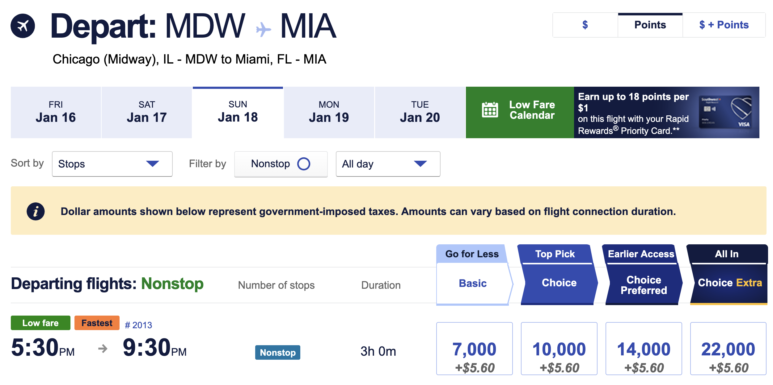 Screenshot of a sample booking using Southwest points from Chicago Midway to Miami.