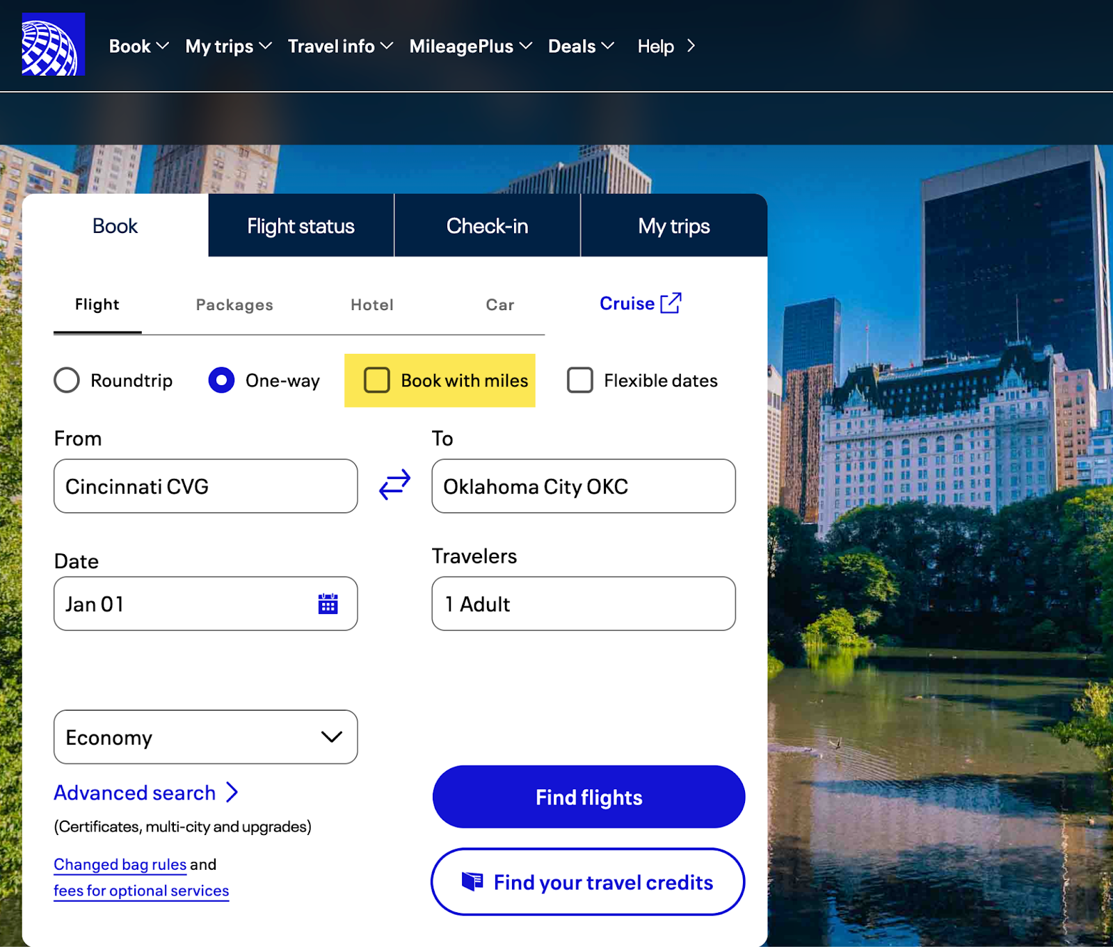 Screenshot of a sample flight search on the United Airlines homepage.