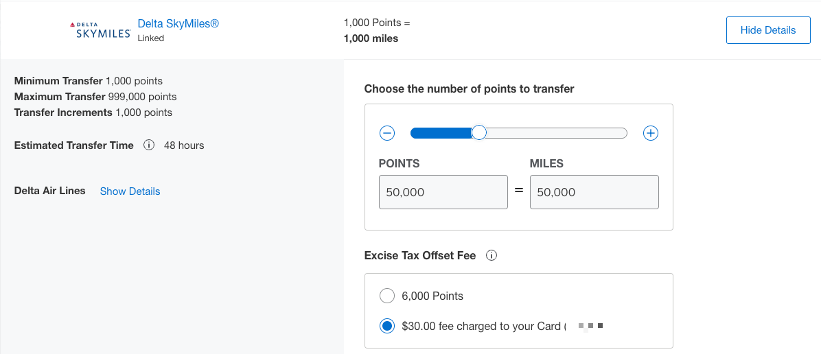 Screenshot of excise tax calculation when transferring Amex Membership Rewards points to Delta SkyMiles.