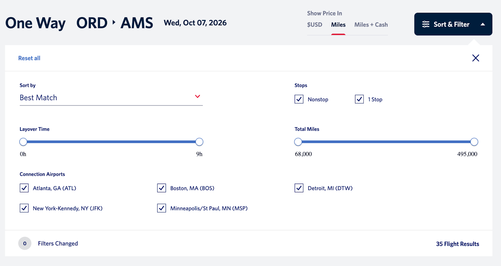 Screenshot of an advanced Delta SkyMiles award search showing additional filters including connection airports.