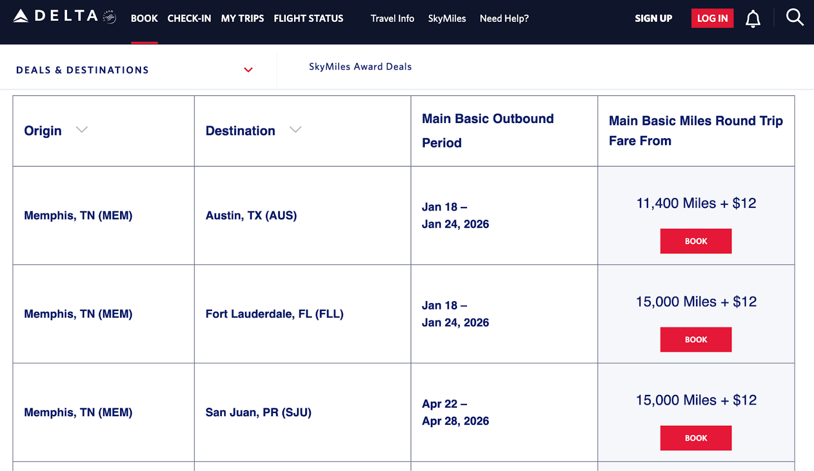 Screenshot of sample Delta flash sale destinations showing routes and prices in miles.