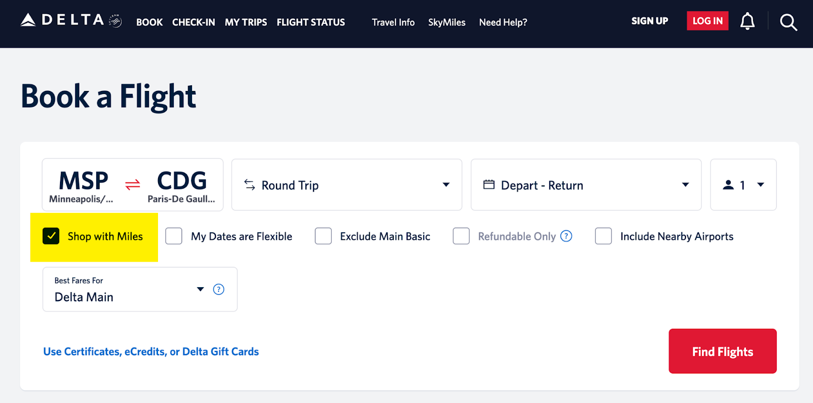 Screenshot of Delta Airlines airfare search screen with "Shop With Miles" box ticked.
