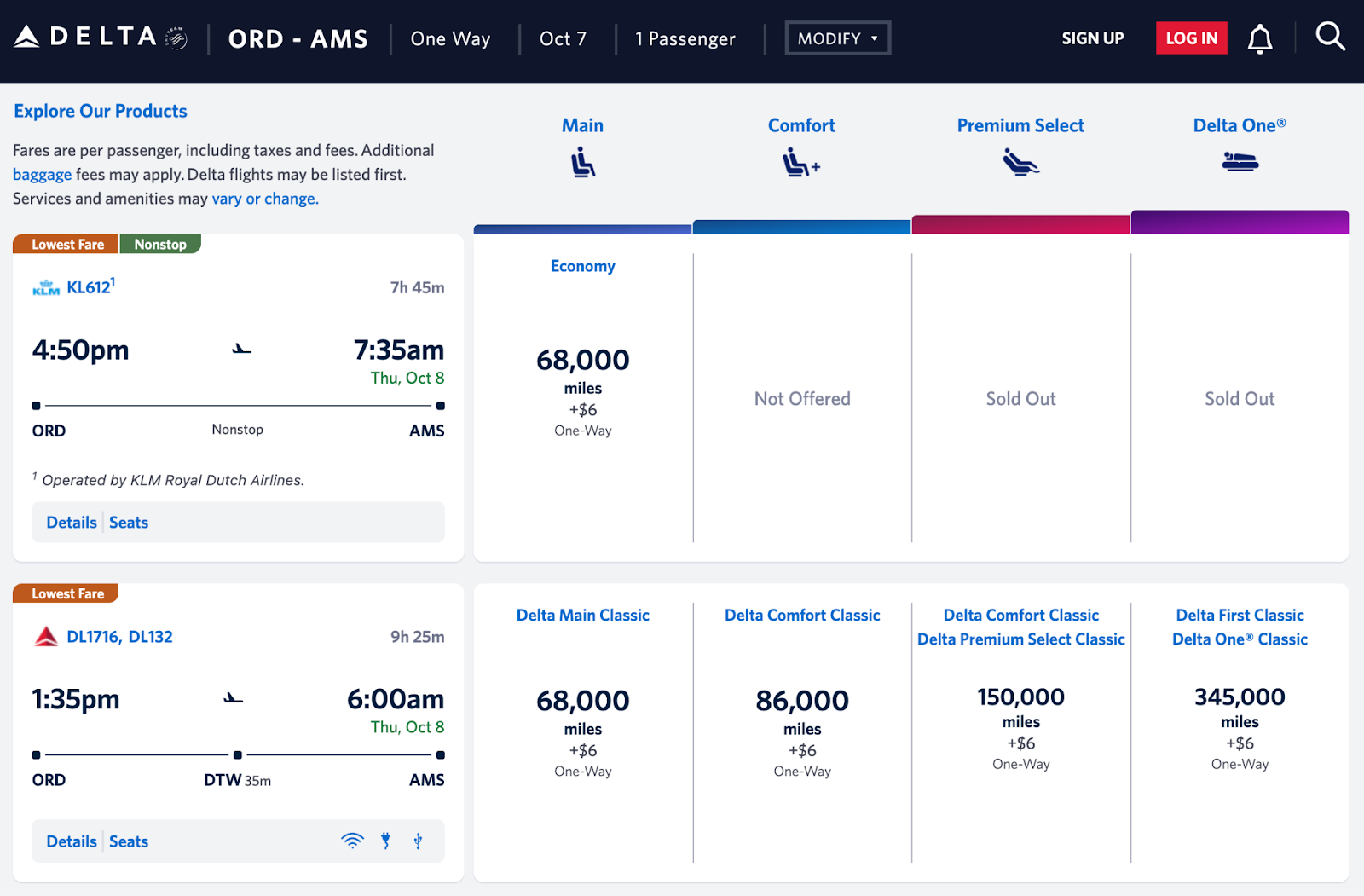 Screenshot of a sample Delta SkyMiles award search from Chicago O'Hare to Amsterdam showing flight options and pricing in different cabins.