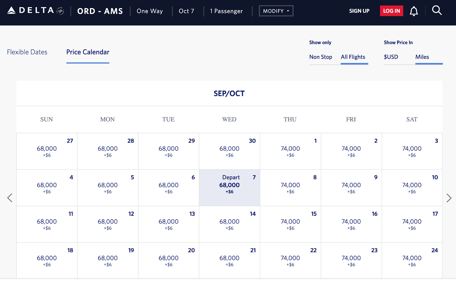 Screenshot of award price calendar view showing pricing on each date over a month.