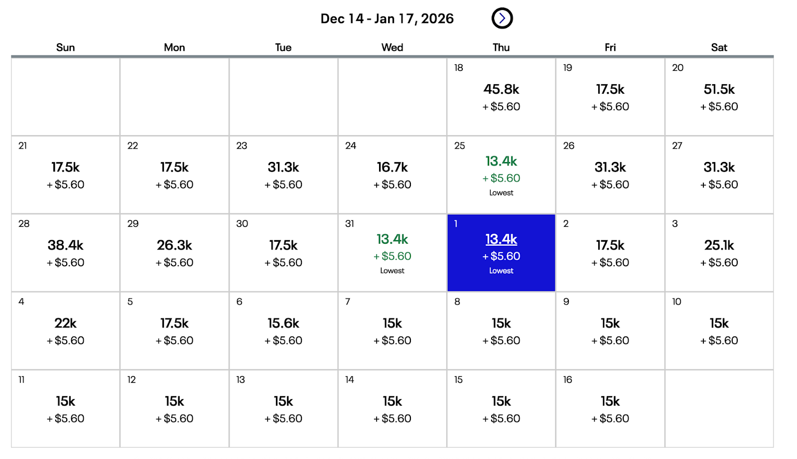 Screenshot of a 30-day calendar showing award flight prices on the United Airlines website.