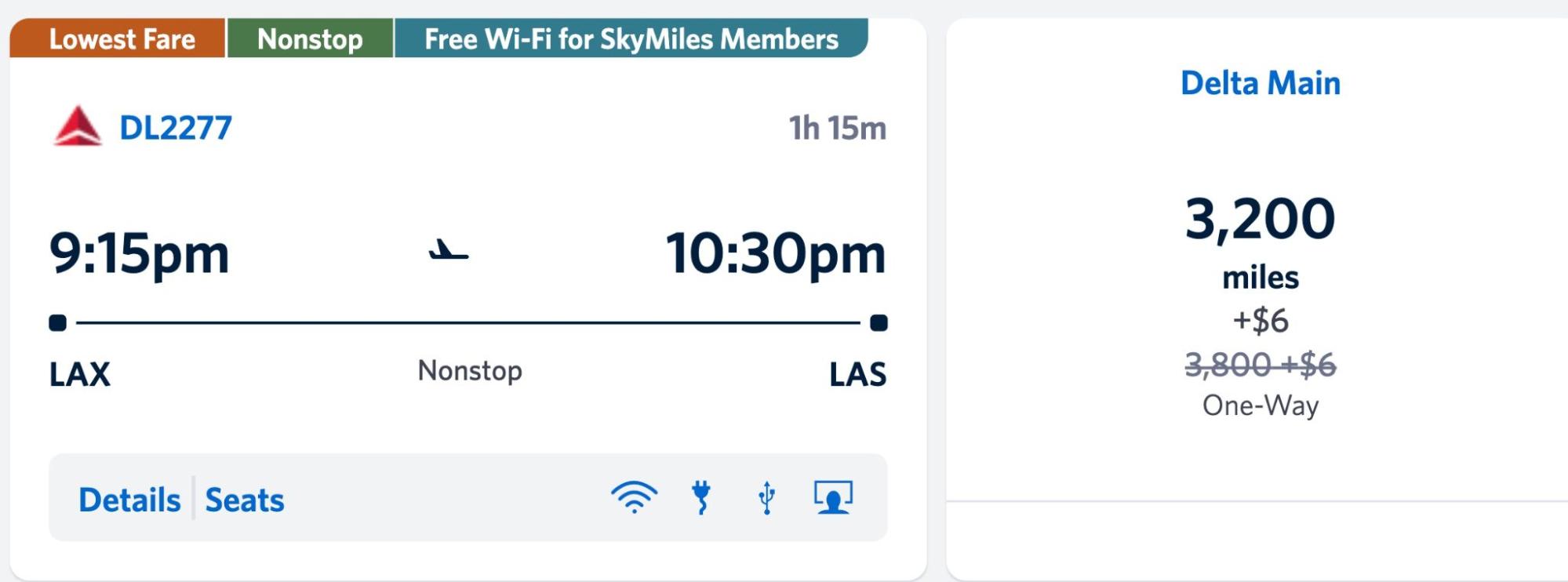 Screenshot of a Delta Air Lines award flight booking from Los Angeles to Las Vegas showing price of 3,200 miles.