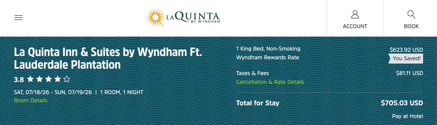 Screenshot of a cash booking at La Quinta Inn & Suites by Wyndham Ft. Lauderdale Plantation during the weekend of the FIFA World Cup bronze medal match.