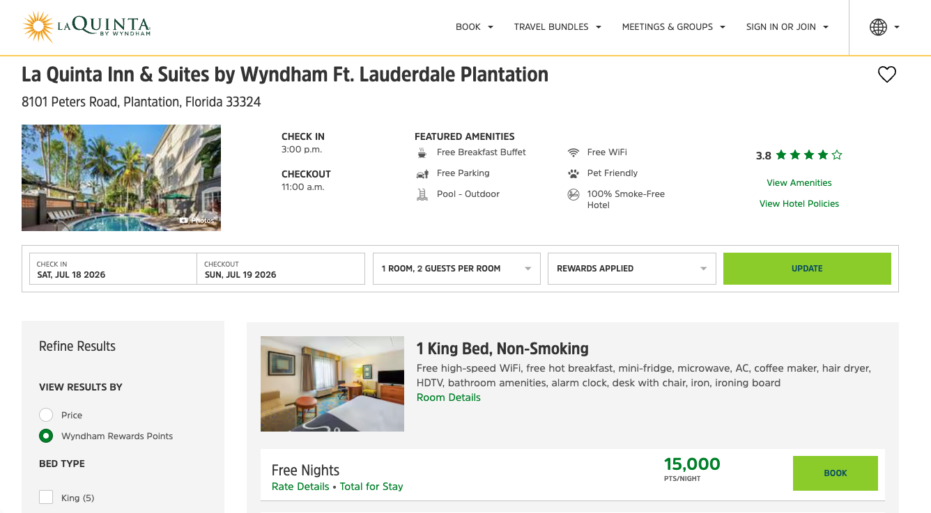 Screenshot of a points booking at La Quinta Inn & Suites by Wyndham Ft. Lauderdale Plantation during the weekend of the FIFA World Cup bronze medal match.