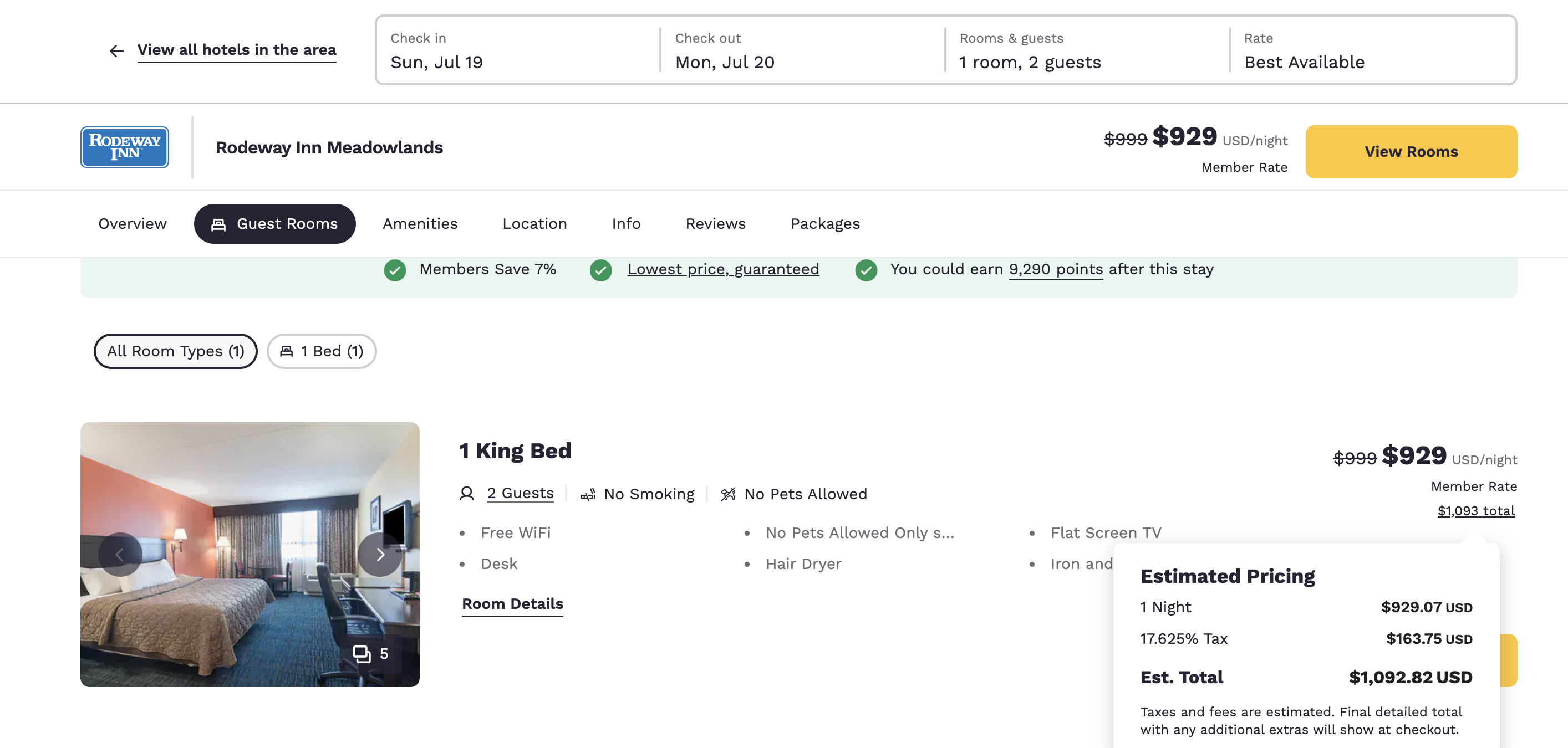 Screenshot of the cash price of a room at the Rodeway Inn Meadowlands during the FIFA World Cup Final weekend.