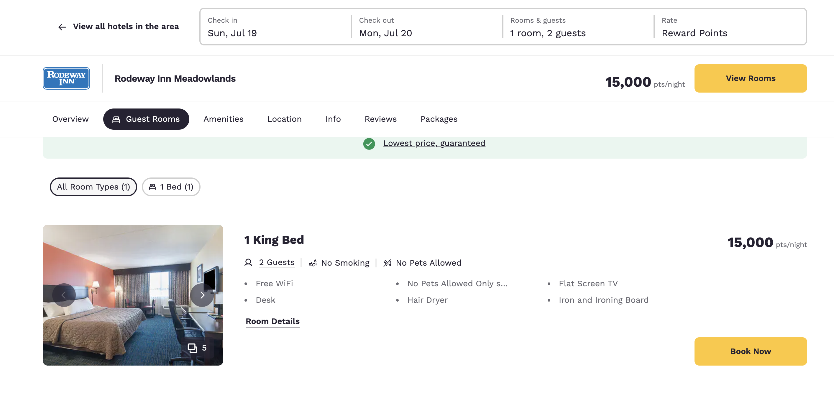 Screenshot of the points price of a room at the Rodeway Inn Meadowlands during the FIFA World Cup Final weekend.