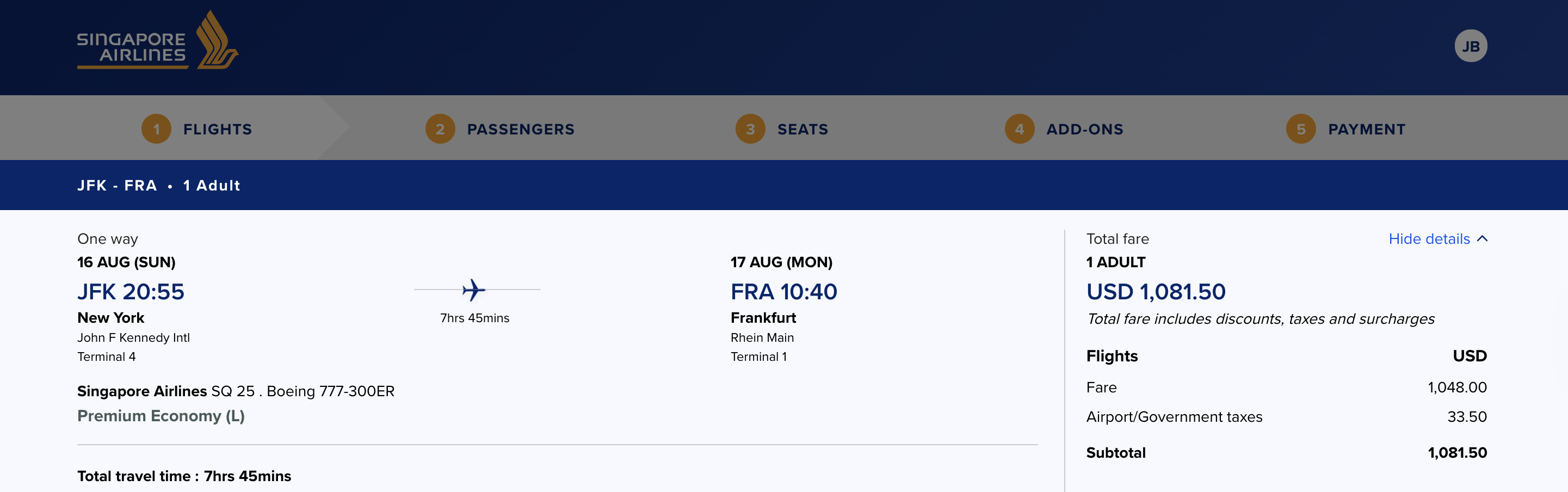 Screenshot of a Singapore Airlines premium economy booking from New York-JFK to Frankfurt showing the cash price.