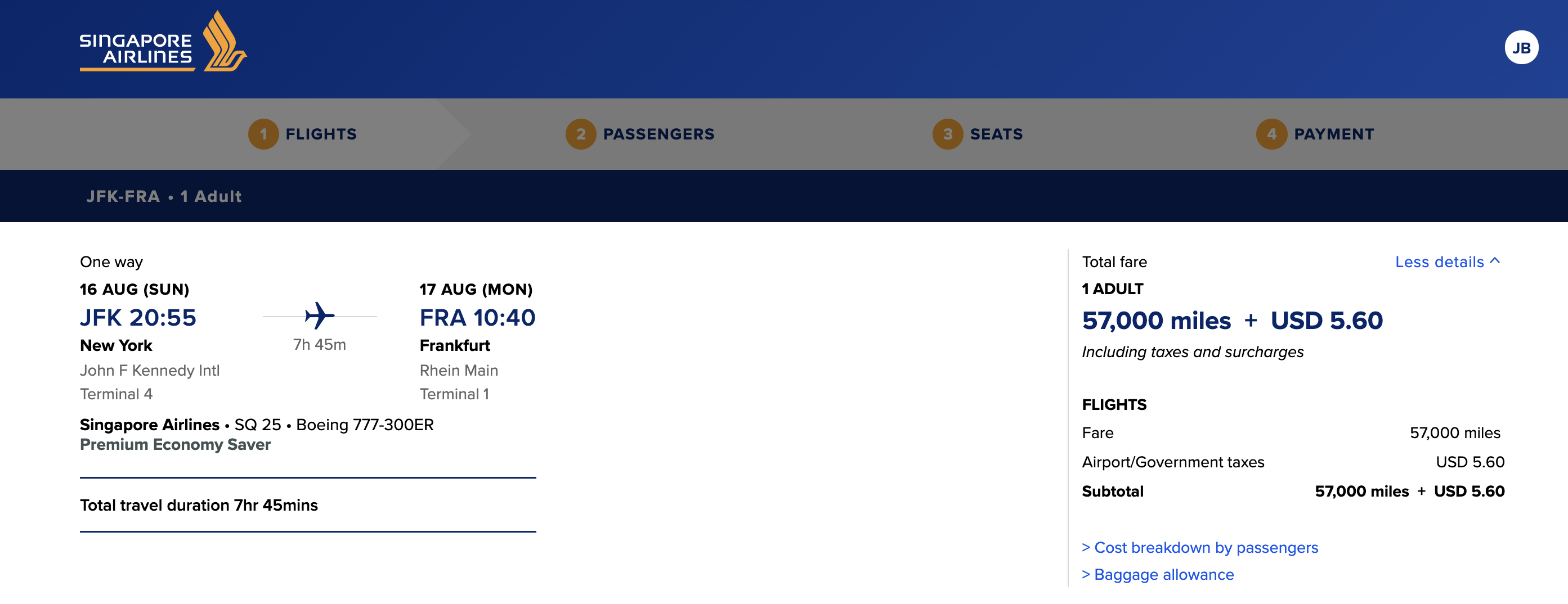 Screenshot of sample Singapore Airlines premium economy booking from New York-JFK to Frankfurt showing the price in miles.