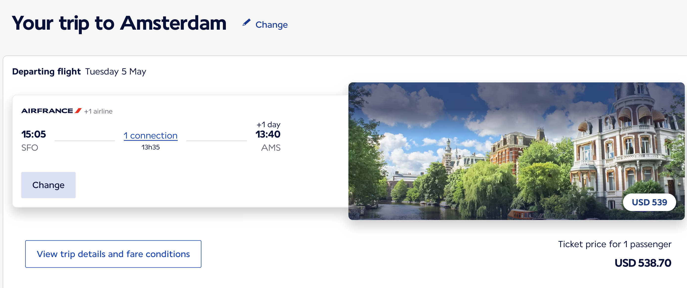 Screenshot of a paid flight booking in economy class on Air France from San Francisco to Amsterdam with a cash cost of $538.70.