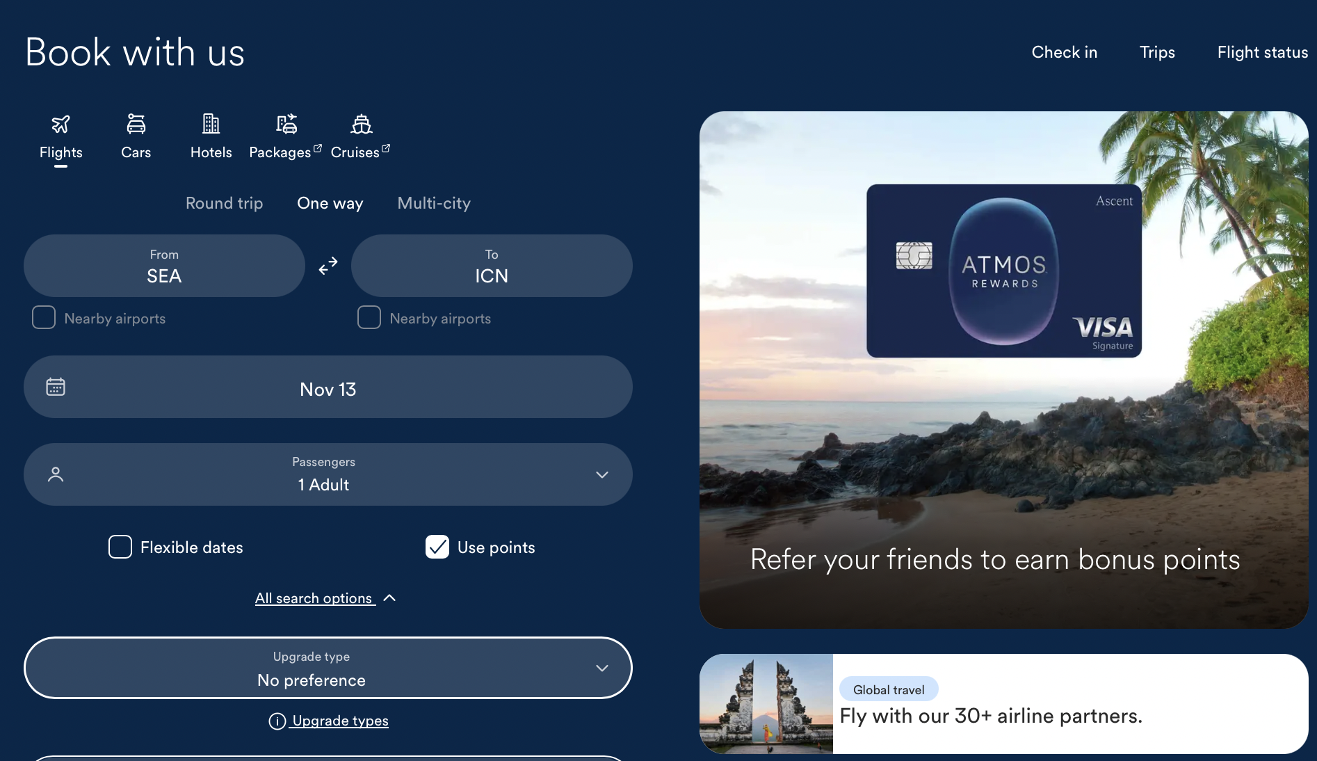 Screenshot of the award search booking screen using Atmos Rewards points.