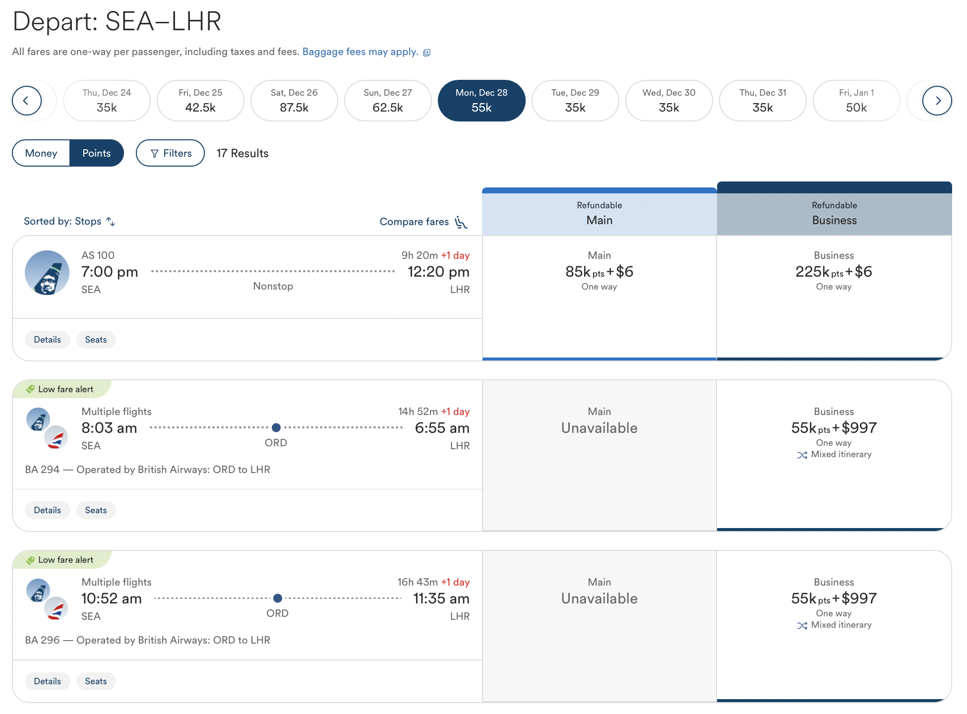 Screenshot of award search results using Atmos Rewards points for flights between Seattle and London.