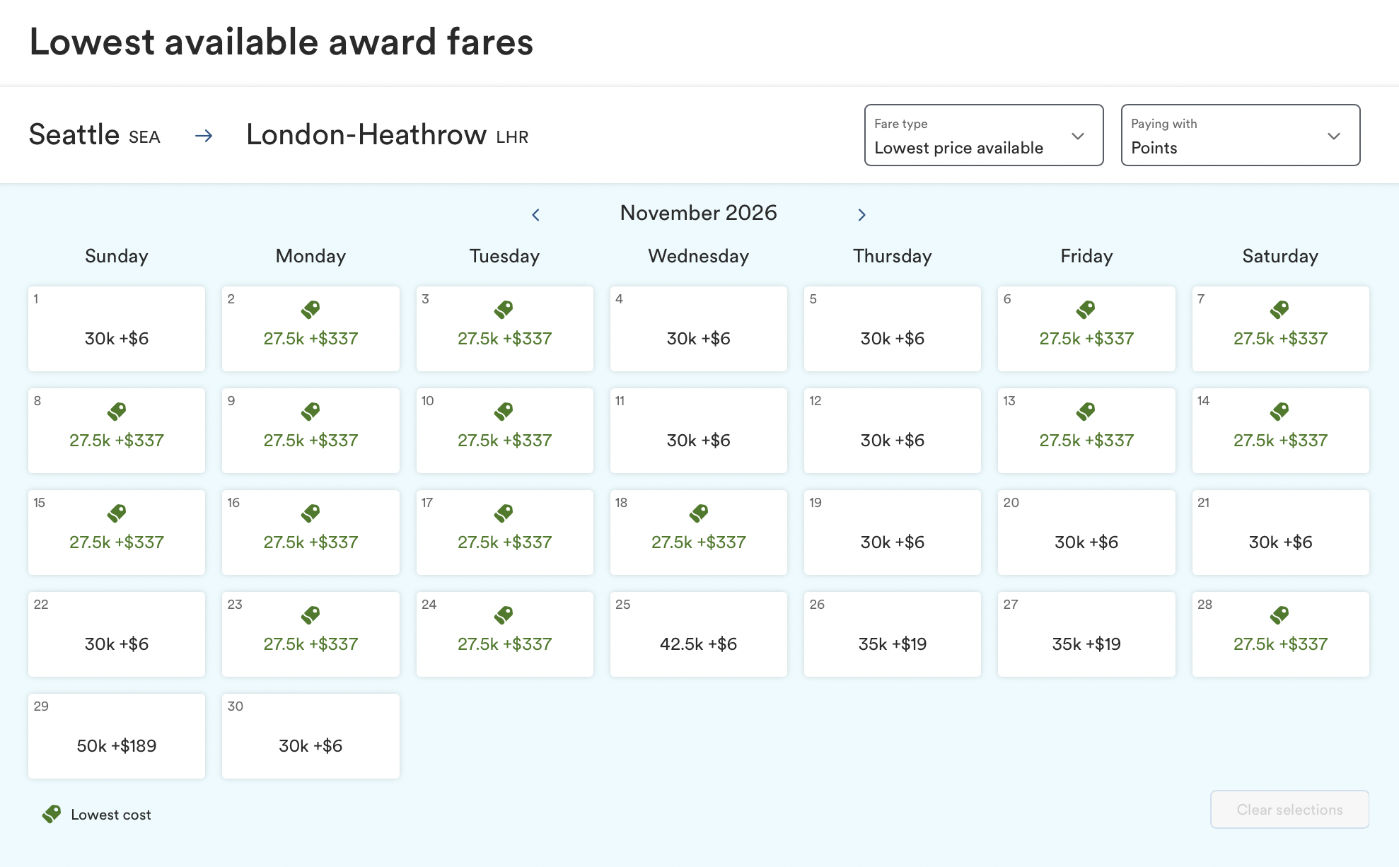 Screenshot of a flexible date award search using Atmos Rewards points.