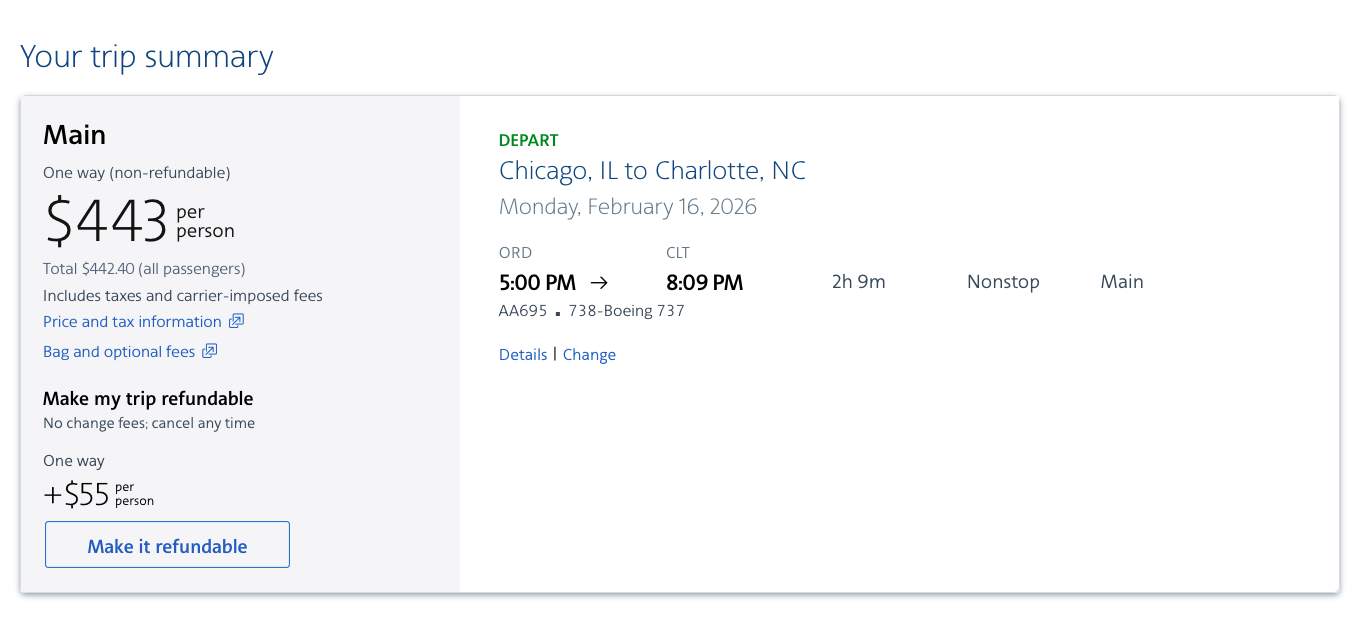 Screenshot of a paid flight booking on American Airlines between Chicago and Charlotte with a price of $442.40.