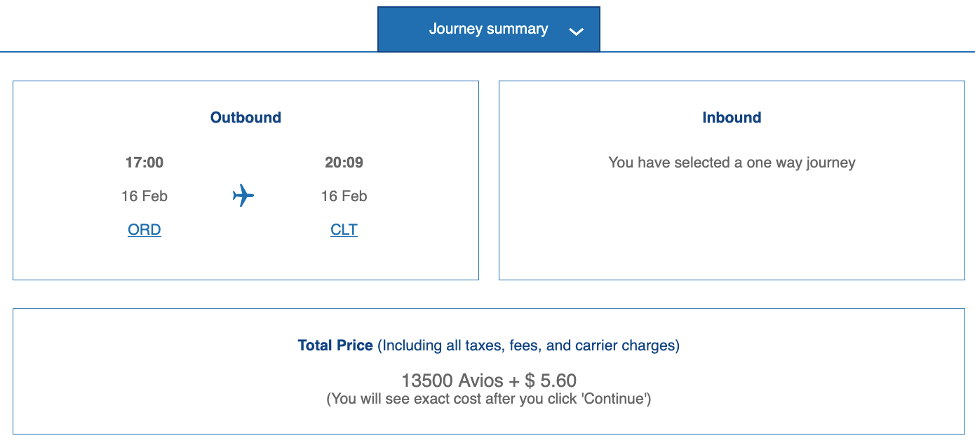 Screenshot of an American Airlines award flight booking from Chicago to Charlotte using 13,500 British Airways Avios points.
