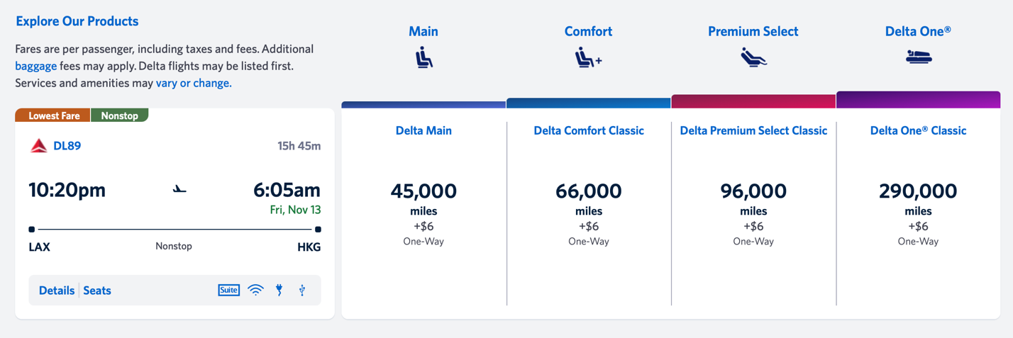Screenshot of an award flight search using Delta SkyMiles from Los Angeles to Hong Kong.