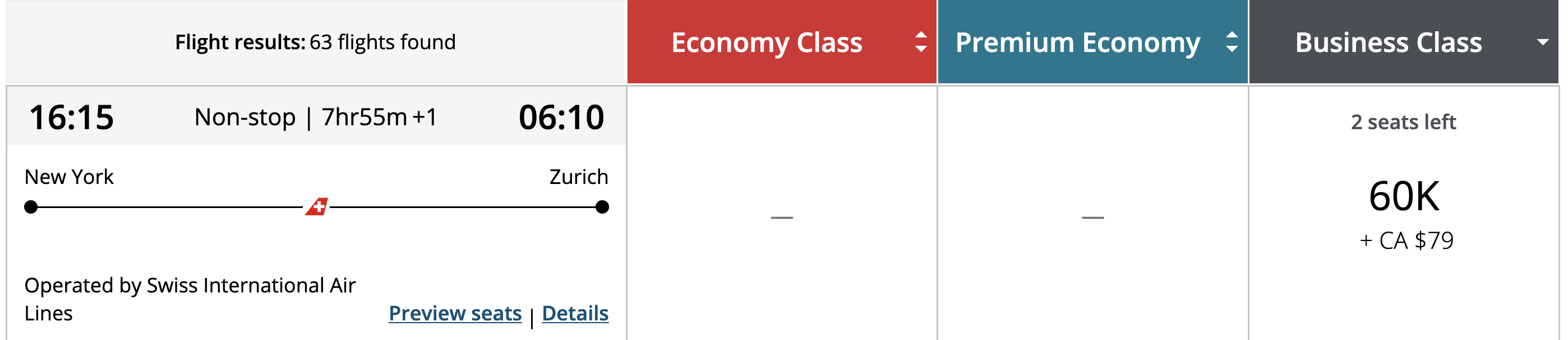Screenshot of an award search using Air Canada Aeroplan points showing a 60K price for business-class seats on SWISS from New York to Zurich.