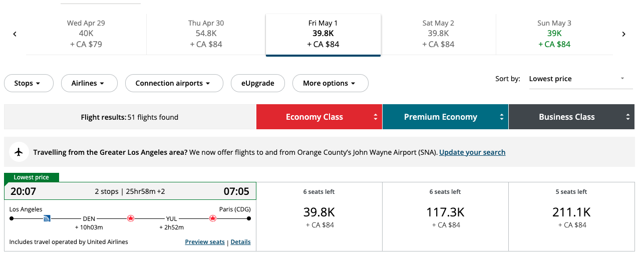 Screenshot of an award flight search using Aeroplan points from Los Angeles to Paris.