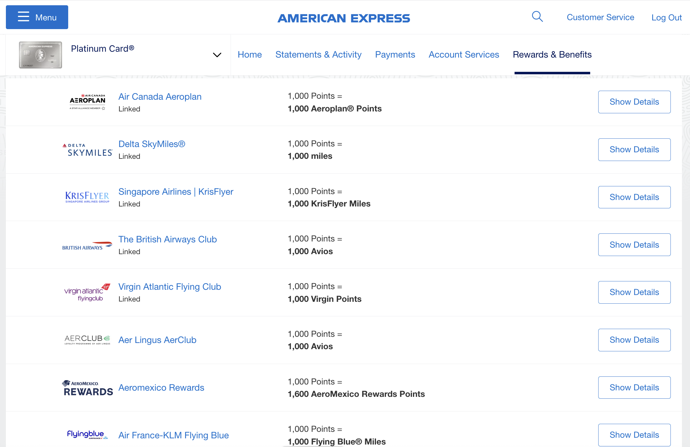 Screenshot of a selection of American Express Membership Rewards transfer partners from online Amex account.
