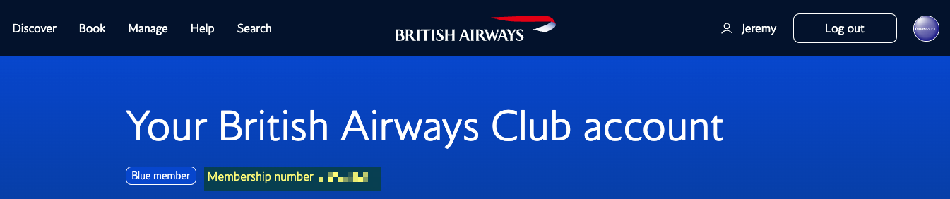 Screenshot of British Airways Club account log-in page.