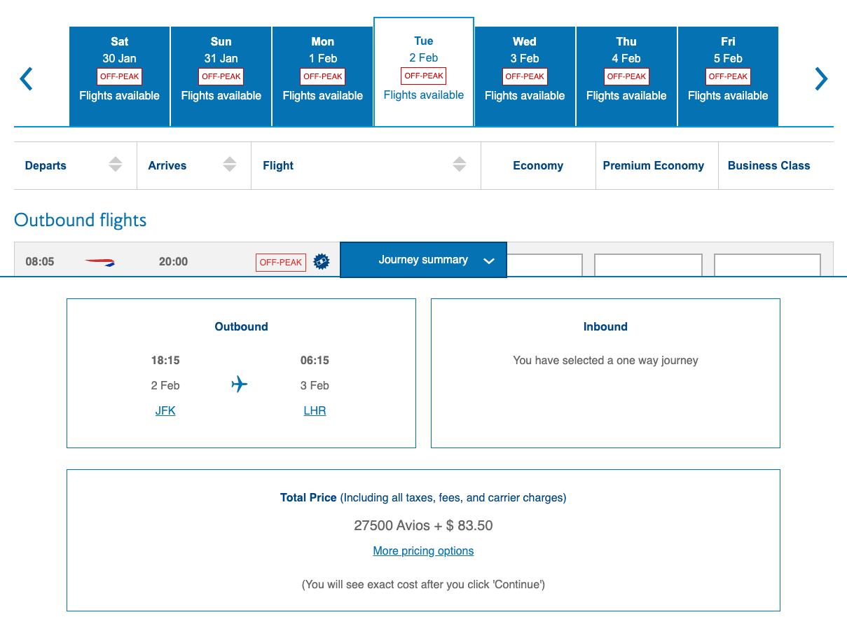 Screenshot of an award flight search using Avios in a British Airways Club account.