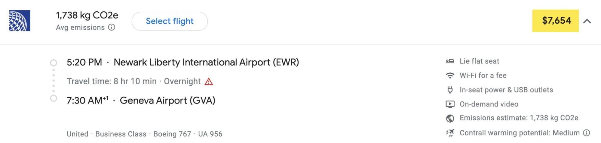 Screenshot of a Google Flights search result showing a business-class flight from Newark to Geneva for $7,654.