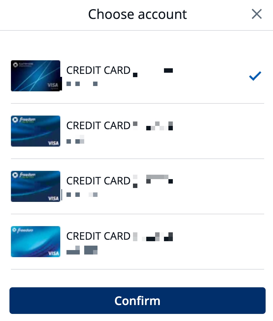 Screenshot of Chase Ultimate Rewards online account showing list of card accounts to choose from.