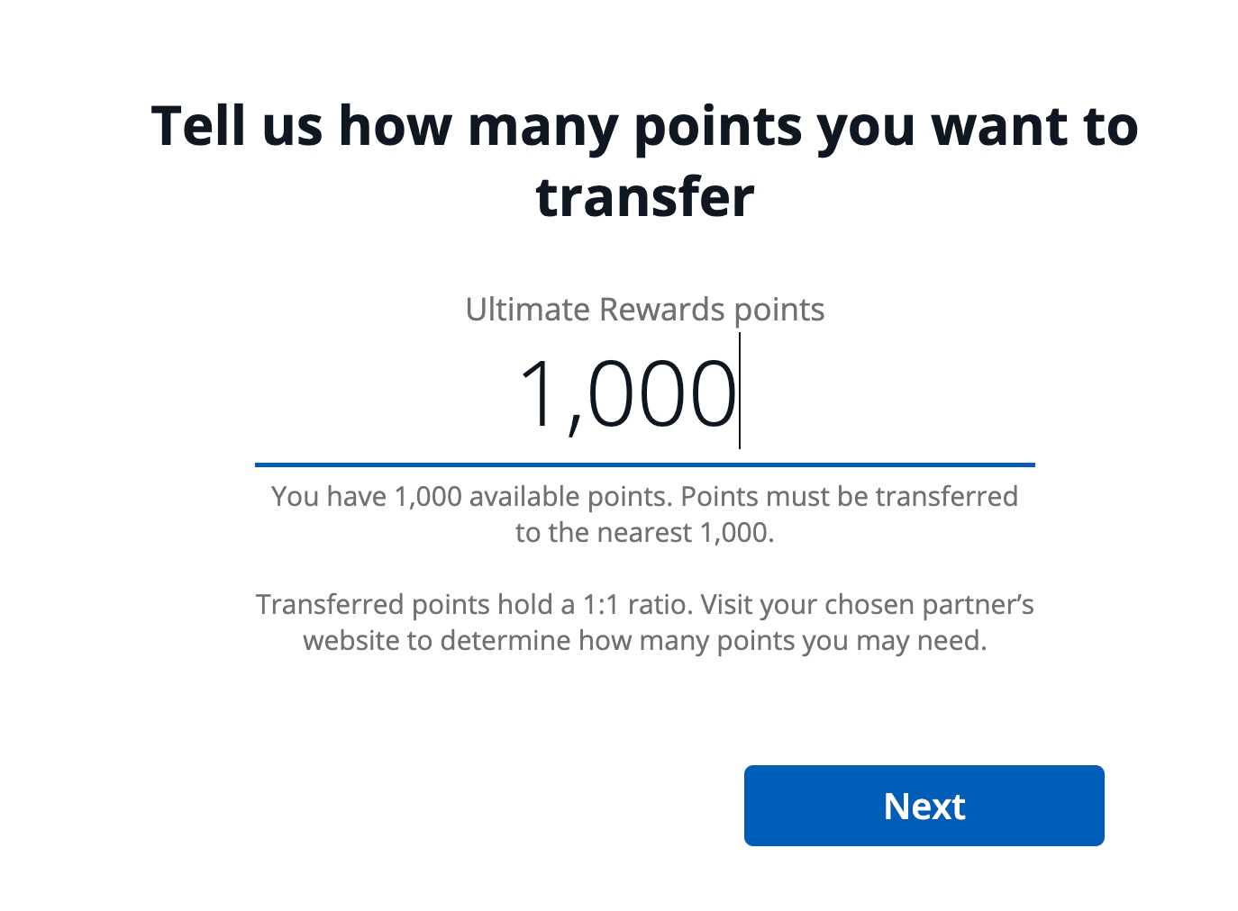 Screenshot of selection screen in Chase Ultimate Rewards with prompt to enter the number of points you want to transfer.