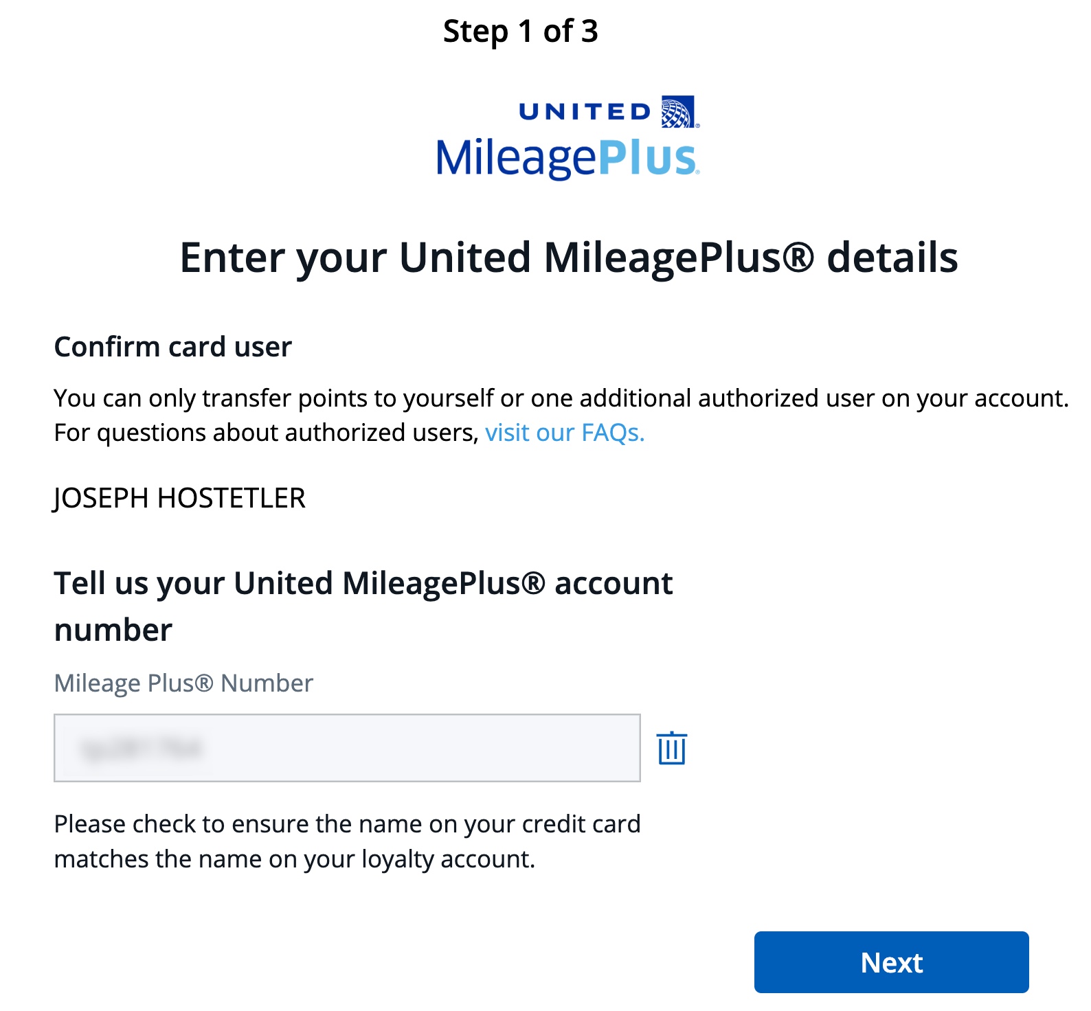 Screenshot of prompt to enter United MileagePlus frequent flyer account number in a Chase Ultimate Rewards redemption dashboard.