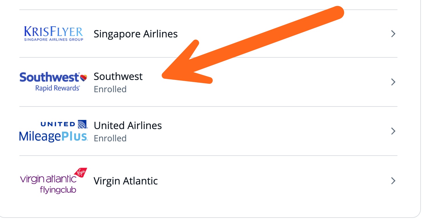 Screenshot of partial list of airline transfer partners in a Chase Ultimate Rewards account, including Southwest Rapid Rewards.
